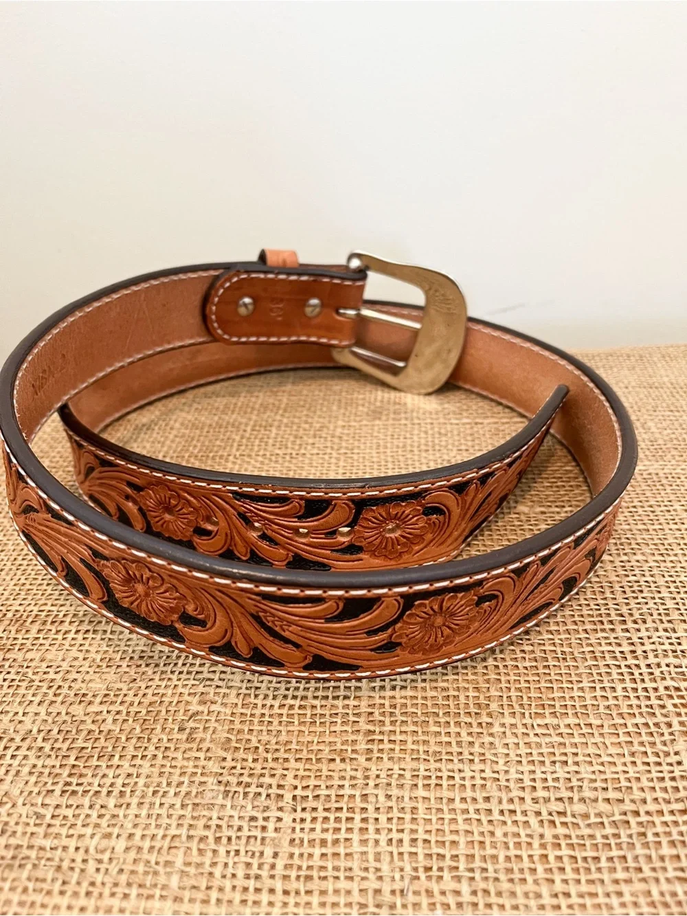 Twisted X Men’s Hand-Tooled Western Leather Belt with Silver Buckle Size 36